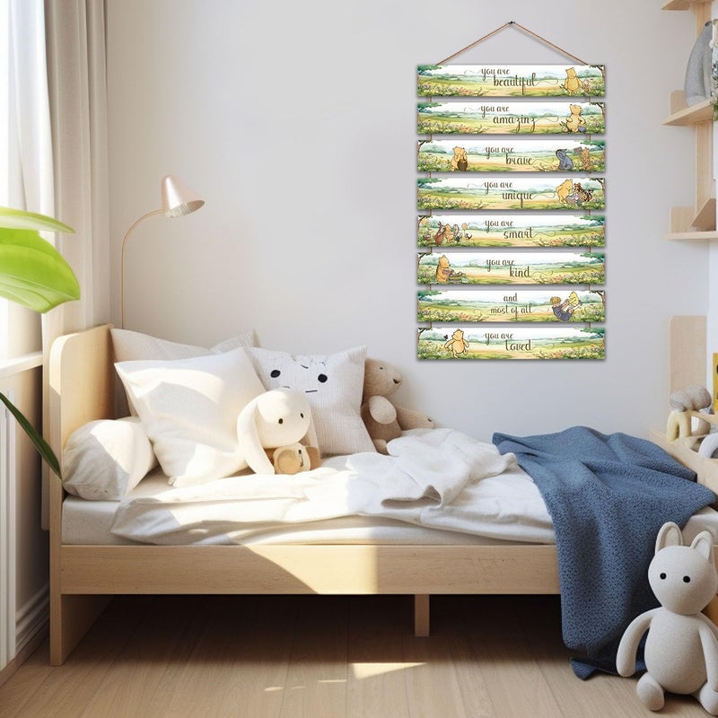Hatzelou the Pooh You are Beautiful Brave Inspirational Sign, 8Pcs Winnie Wooden Wall Signs, Cute Baby Shower Wall Art Decorations, Classic Pooh Birthday Party Baby Shower Party Supplies 11.8 * 1.9IN - Image 5